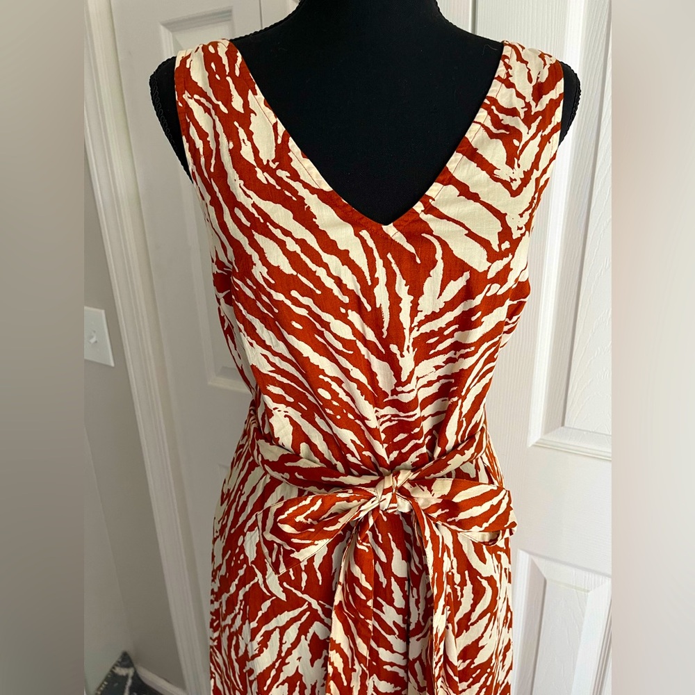 NWT Gap Burnt Orange + White Midi Dress w Waist Tie • SIZE SMALL